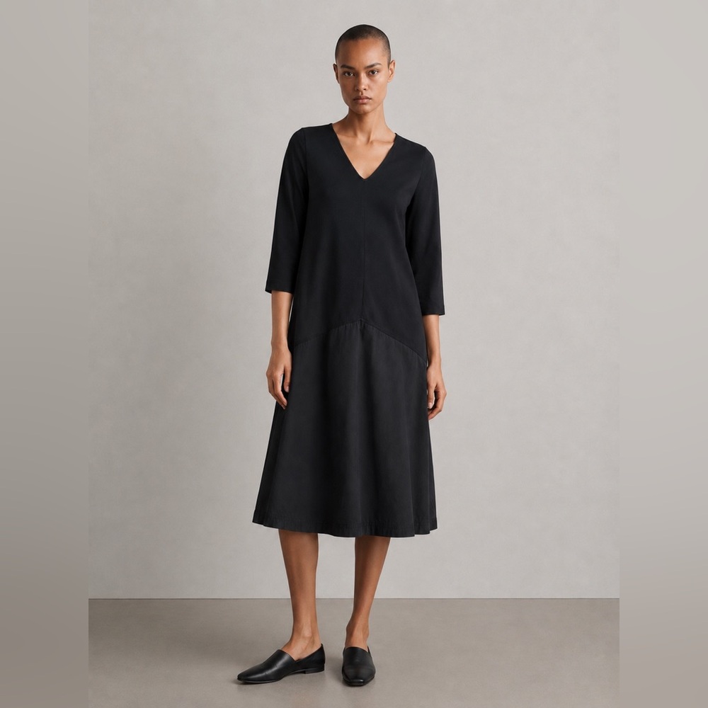 COS - Black Cotton V-Neck Dress Balloon Hem Minimalist A-Line Medium